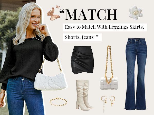 Women's Sweaters Spring 2025 Trendy Puff Sleeve Tops Casual Knit Square Neck Cute Tunic Pullover Blouses Shirts Size Runs Smal