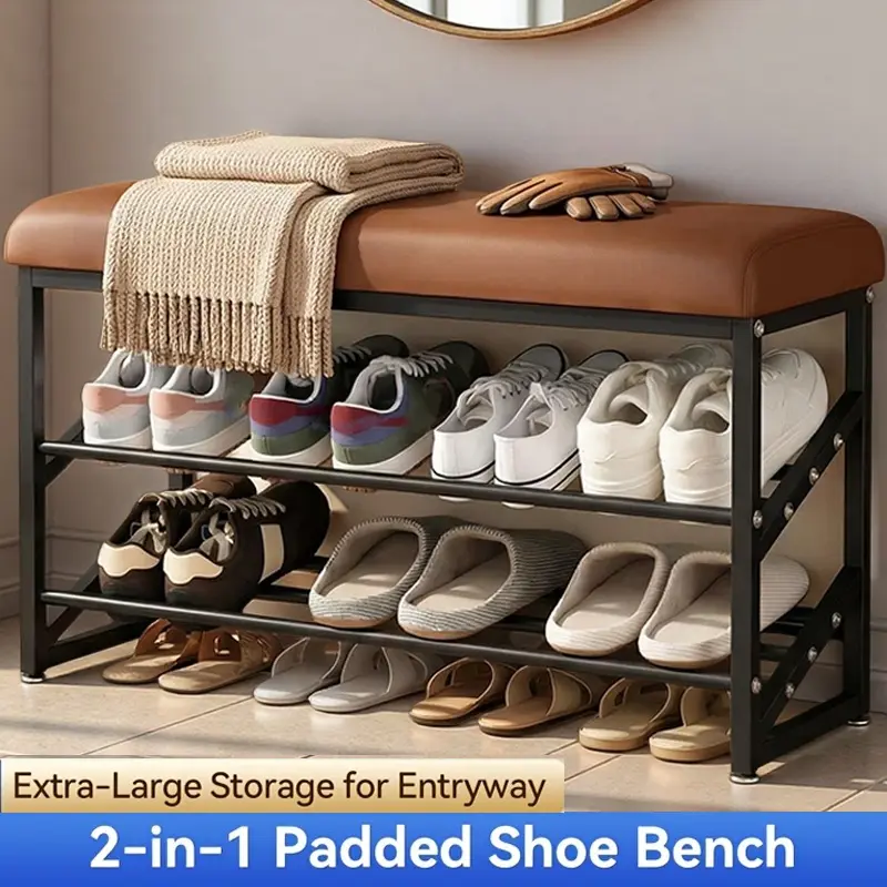 Durable Metal 2-in-1 Shoe Organizer Bench - 39x23 in, Padded Seat, Rustproof Storage Cabinet, Easy-Assembly Rack, Sturdy Thick Design for Entryway, Hallway Home Organizers