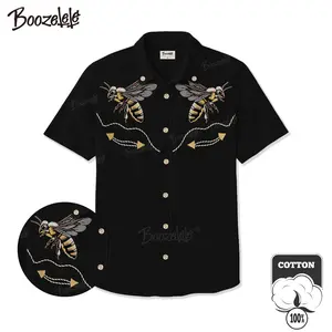 [Embroidery] Bee Pattern 100% Cotton Shirt Embroidery Shirt  , Short Sleeve Buttondown, Spring Summer Western Vibes, Western Cowboy, Gothic Style, Dark Fashion, Men's Gift，Easter Outfits