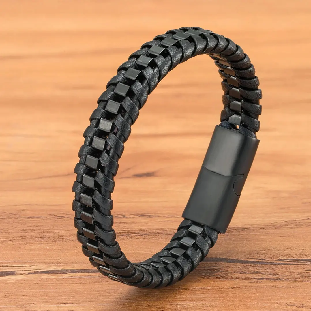Sophisticated Black Braided Woven Leather Bracelets