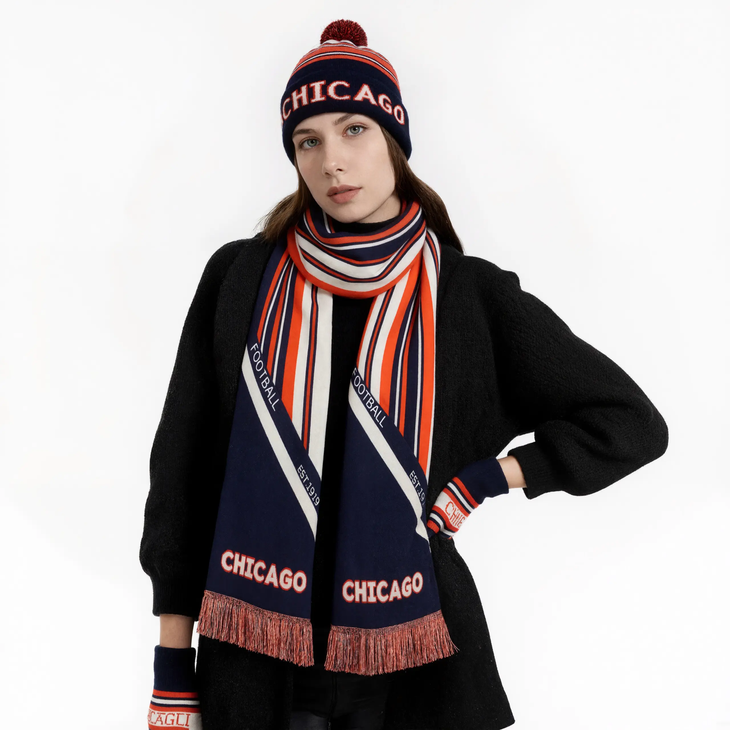Unisex 3pcs Knitted Chicago Ribbed Beanie-Scarf & Gloves Set, Jacquard Design, Elastic Warm Winter Fashion Accessories for Football Fans, Unisex Names