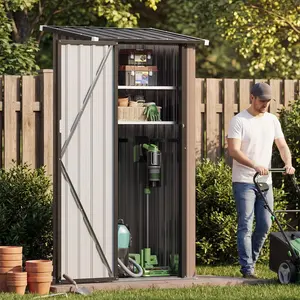 Aoxun Outdoor Storage Shed with Floor, Vertical Storage Cabinet with 2 Adjustable Shelves & Lockable Doors, Waterproof Small Tool Shed for Backyard, Garden, Patio, Lawn & Indoor Use, Brown