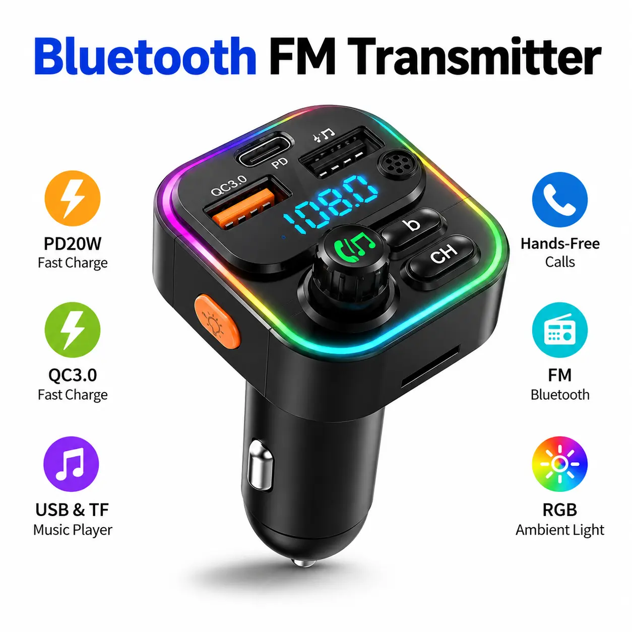 Bluetooth Car Adapter FM Transmitter with PD20W+QC3.0 Fast Charging, USB-C Port, Hands-Free Calling, Wireless Audio Receiver, RGB Lights, Deep Bass, for Older Cars & Daily Commuters, Dad's Birthday Gift (Fits All Vehicles), Ultra-Fast
