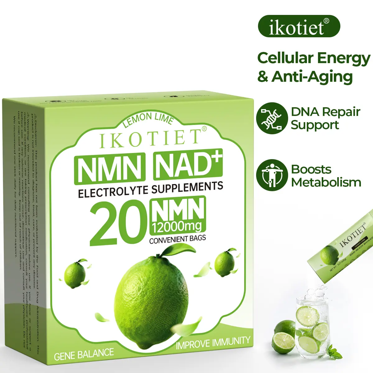 IKOTIET 20PCS Sugar-Free Premium Supergreens Superfood Mix - US FDA Approved Arctic Raspberry Lemon Green Drink Powder, Natural Ingredients Dietary Fitness Supplement with NAD+, NMN, CoQ10, Electrolyte Blend for Sports, Connective Tissue Wellness