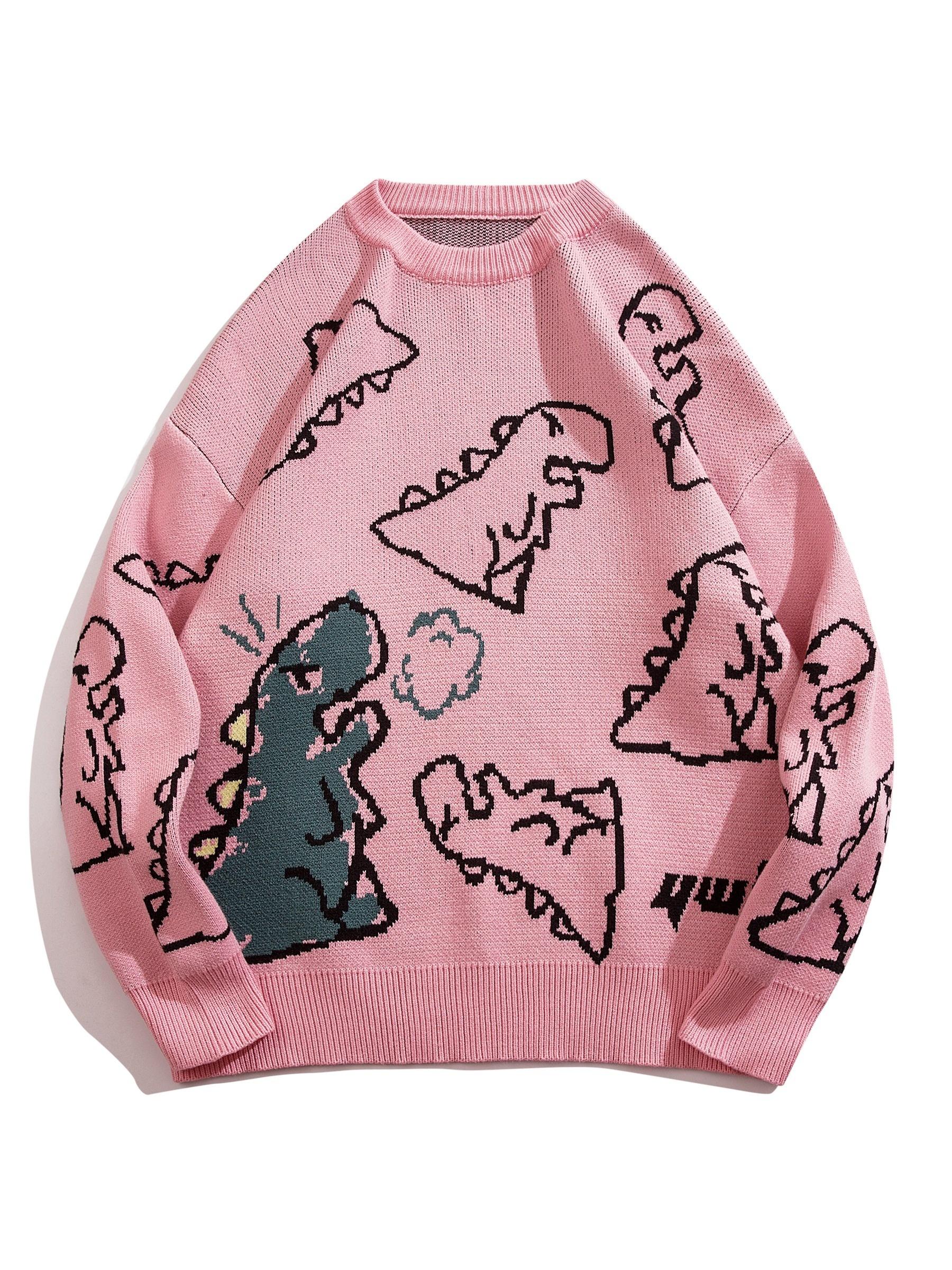 YWFG Unisex Casual Loose Fit Sweater - Black with Blue Dinosaur 
