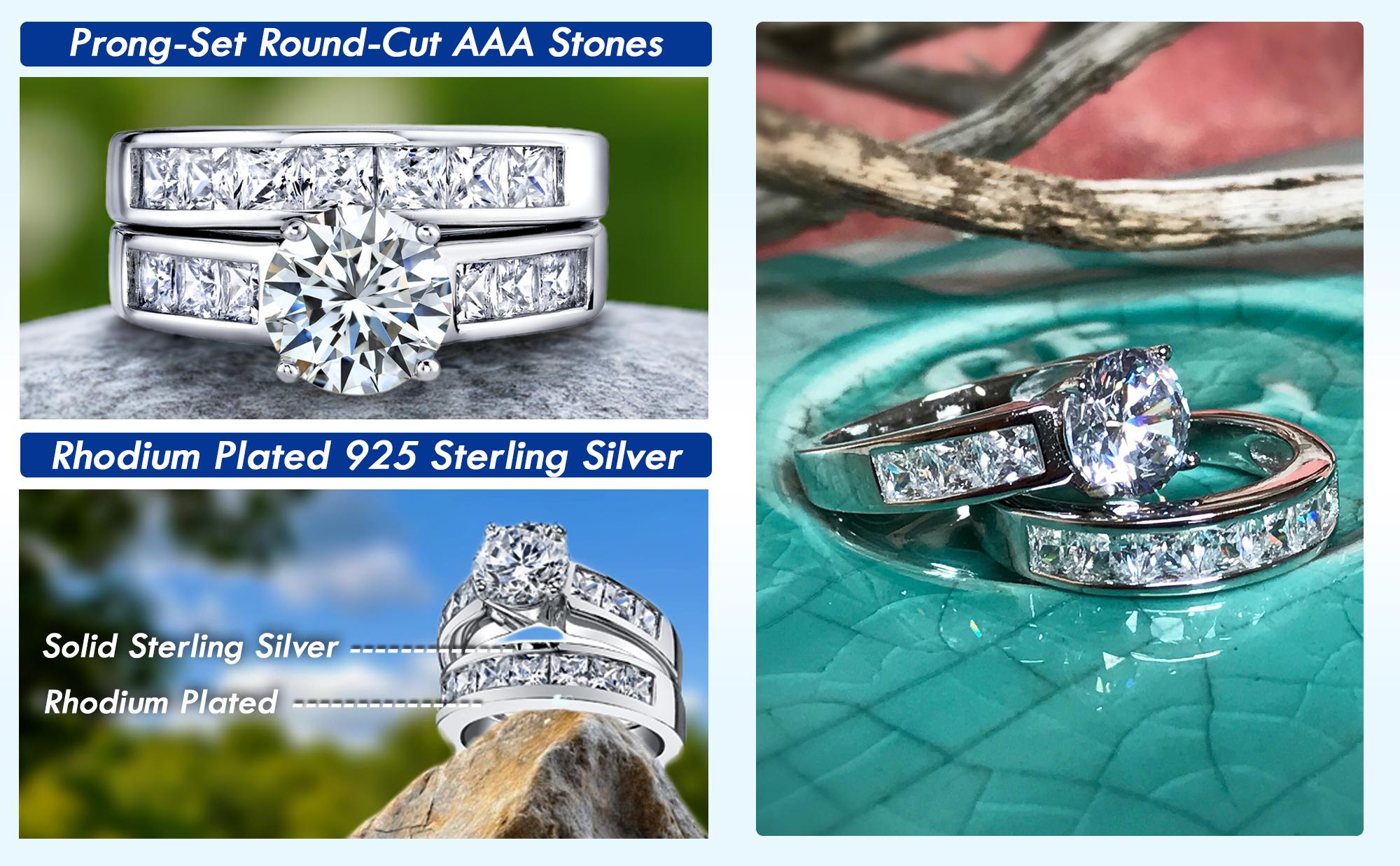 Women's Sterling Silver Bridal Set 2ct. Engagement Wedding Ring Round Princess-Cut Cubic Zirconia