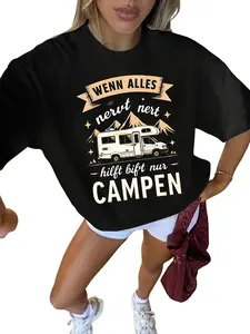 Women's Camping Printed T-Shirt: Cotton Black Base with Beige-Light Brown Accents, Loose Casual Style, Fit for Road Trips/Outdoor Adventure/Daily, Opaque