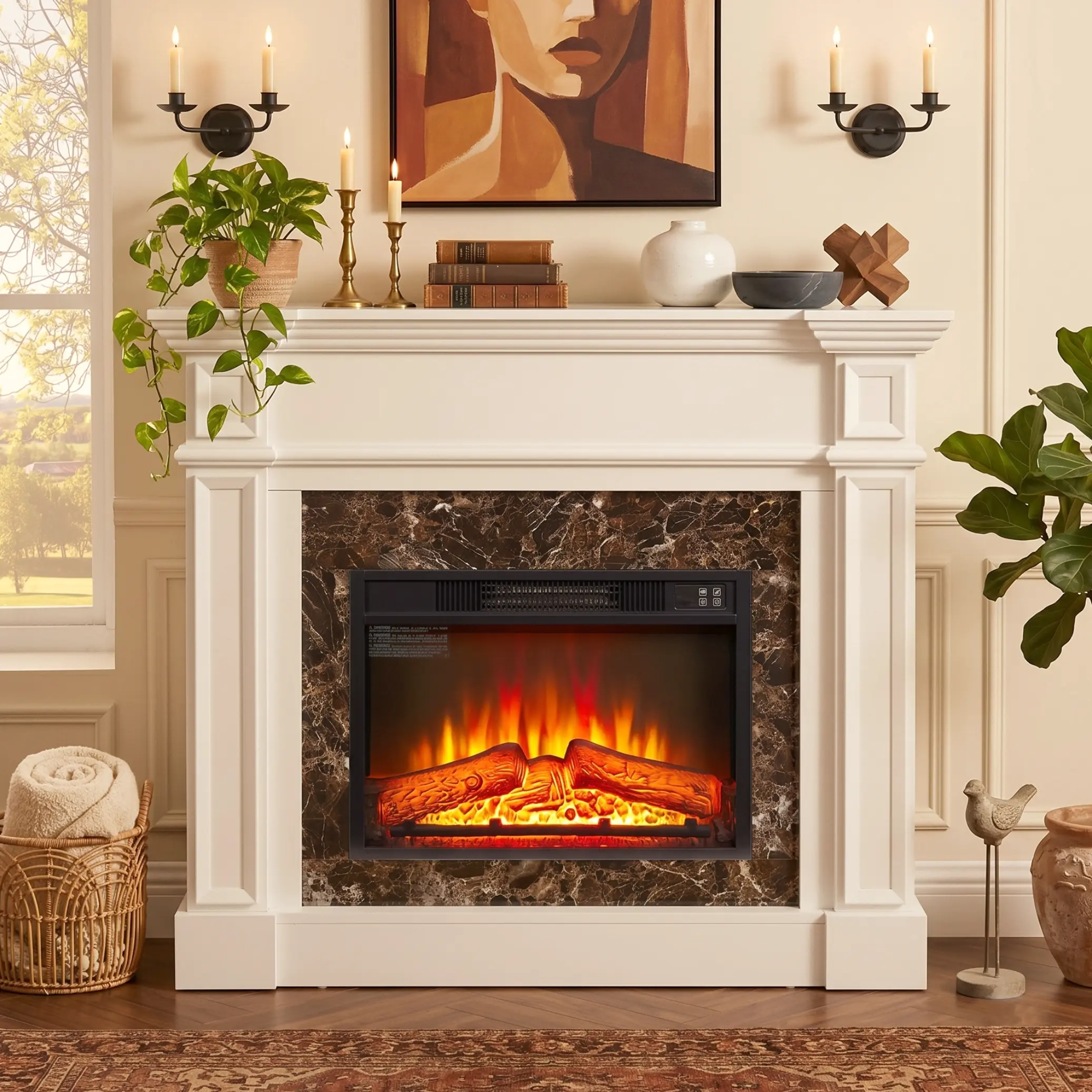 Eyisean 42" Width Electric Fireplace with Mantel - Portable Heated Freestanding Wood Stove Appliances, 46" Option, 23" Insert, 1400W Heating, 3D Flame Realism, Remote Control, Stacked Stone Surround