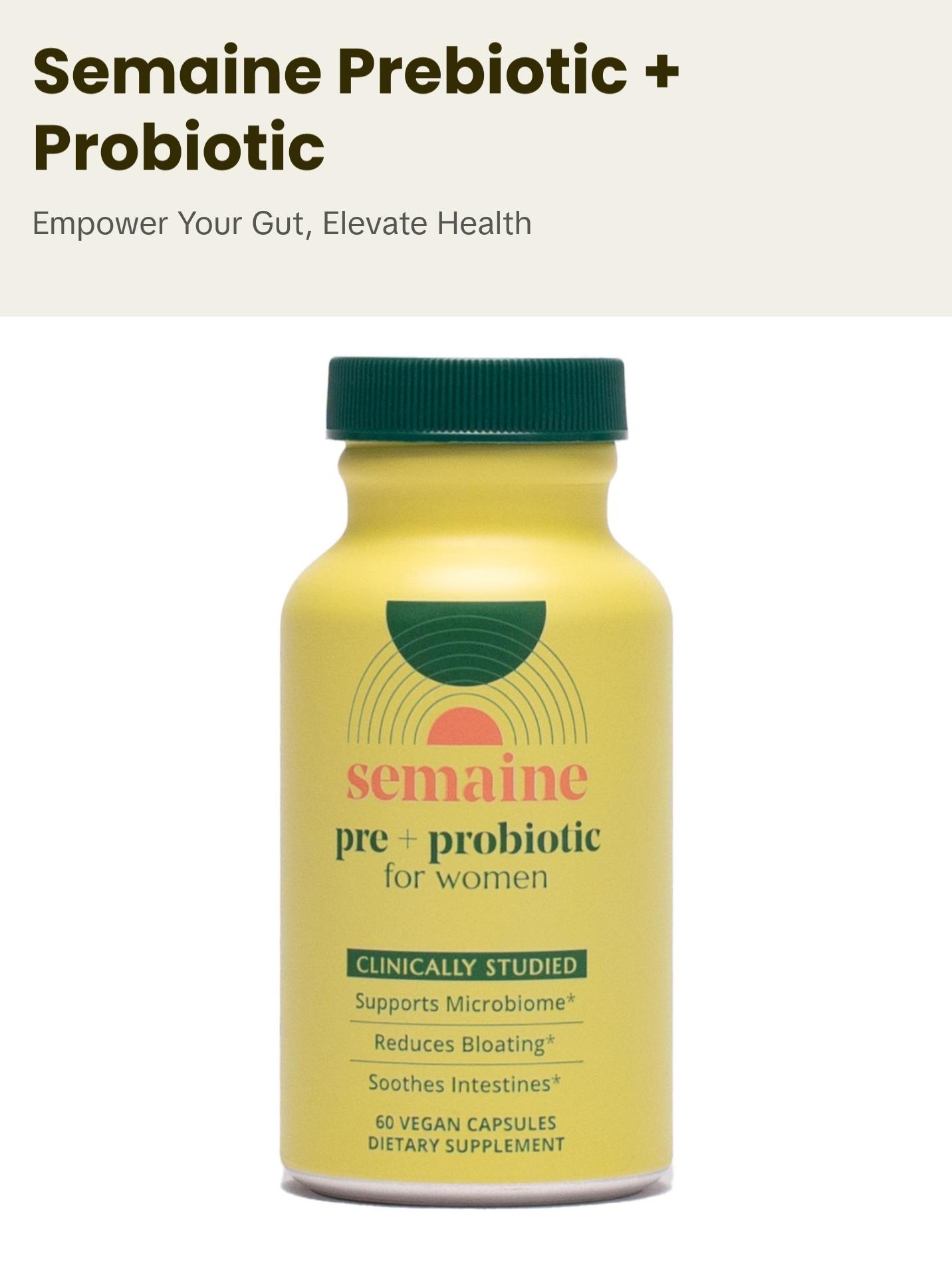 Semaine Super Powered Prebiotic + Probiotic for Women, Effective 3-in-1 Multi-Action Formula to Nourish Gut Health, Soothe IBS, Support Bloat Relief & Immunity Boost, Clinically-Studied (60 ct)