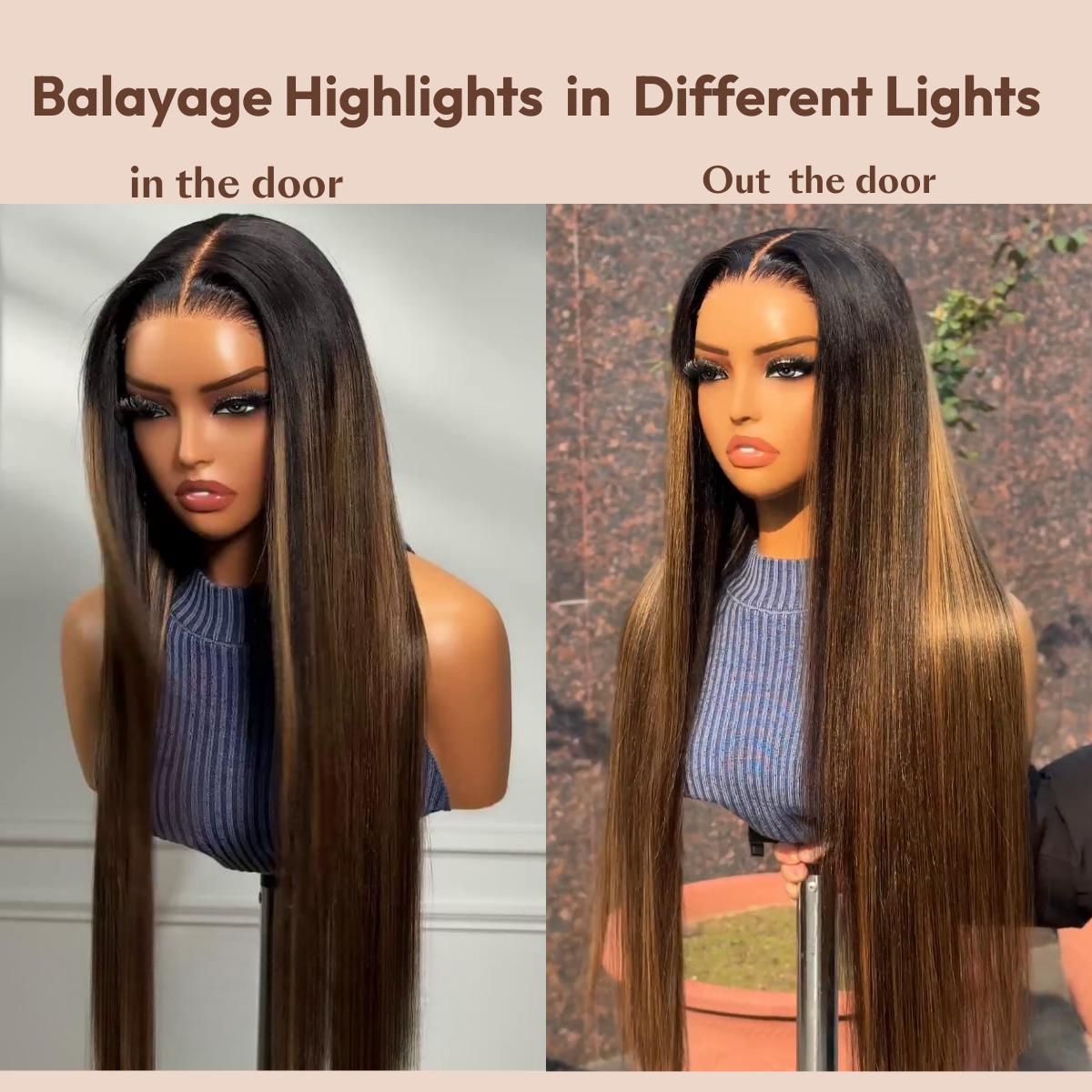UNice Glueless Balayage Highlights Yaki Straight Wig with Drawstring Pre Cut 13x4 HD Lace Frontal Human Hair with Invisible Knots Pre Everything for Beginners Friendly SpringStatements