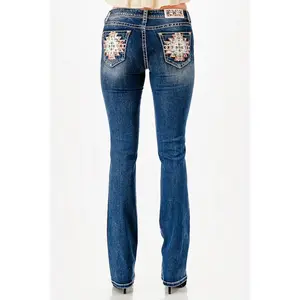 Grace in LA Perfect Fit Women's Aztec & Stud Embellished Pocket Curvy Bootcut Jeans PB61956
