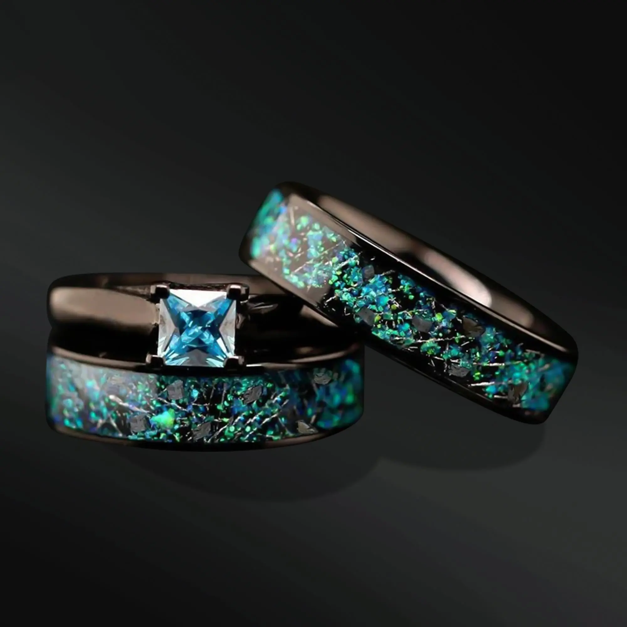 NIGHT SKY — Opal & Meteorite Engagement Set with Blue Solitaire