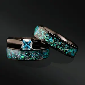 NIGHT SKY Opal & Meteorite Wedding Ring Set | Blue Solitaire Engagement Rings Set for Him and Her