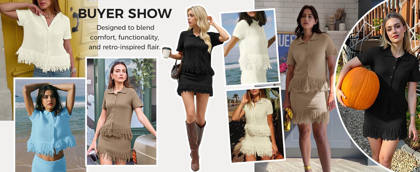 Fisoew Womens 2 Piece Crochet Outfits Short Sleeve Button Knit Sweater Tops Fringe Skirt Summer Vacation Sets Beach Cover Ups