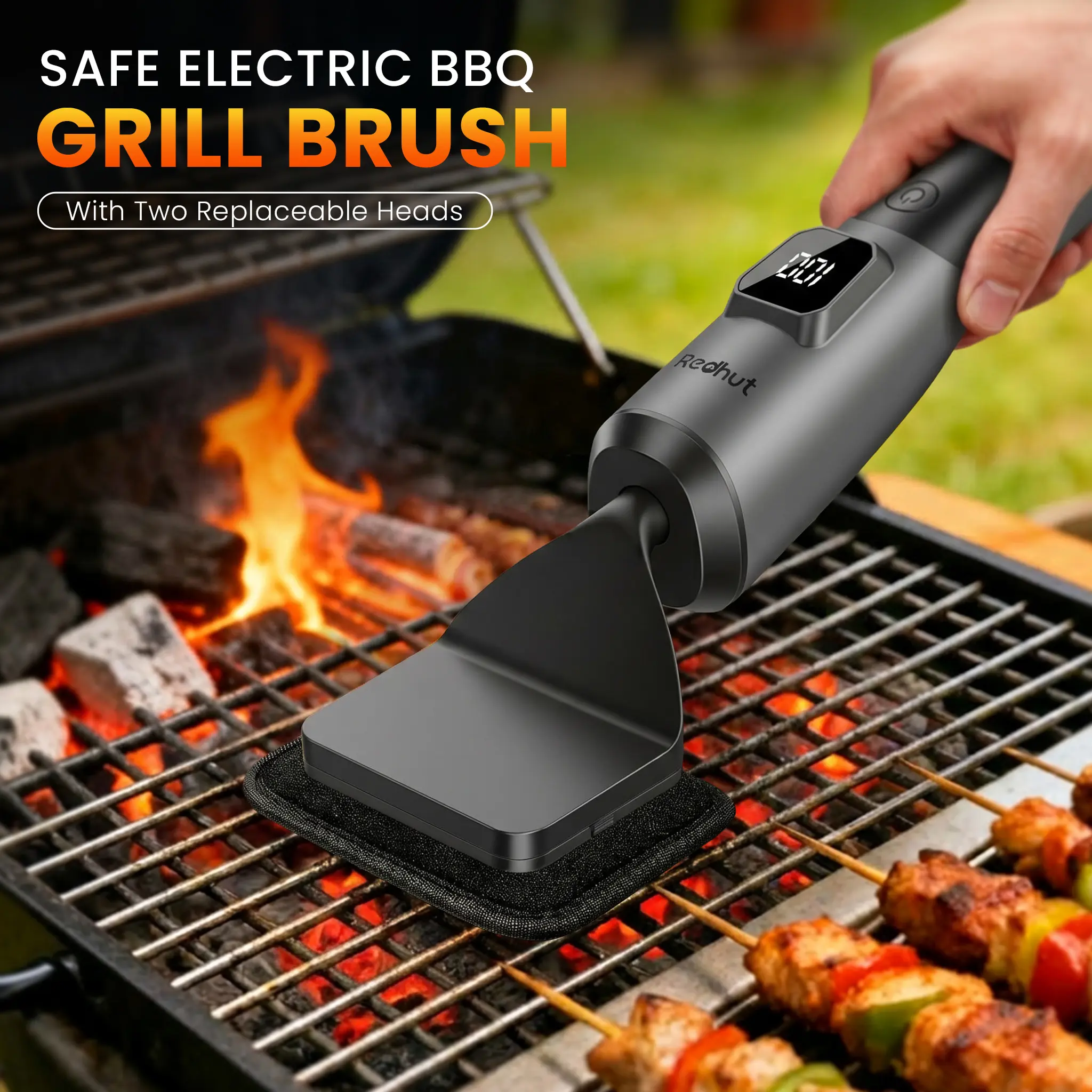 Redhut Cordless Electric Grill Brush Cleaner - Portable Durable Outdoor BBQ Utensil with 2 Accessories (Fireproof Cloth, Shed-Free Steel Wool), 240-Min Runtime, Fast Vibration Deep Clean for Gas/Charcoal/Smoker Grates, Ideal for Camping, 2026, Utensils