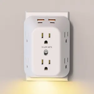 Wall Charger, 6 Outlet Extender with 2 USB-C & 2 USB-A Ports, 3-Sided 1050J Multi Plug Adapter with Night Sensor Light for Home Office