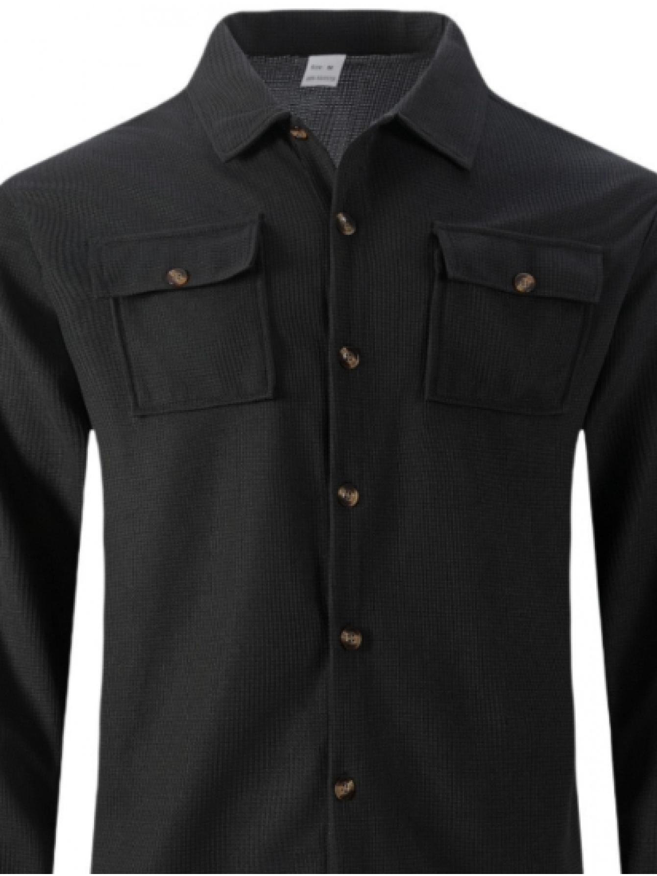 Autumn New Waffle Long Sleeved Pants Two-Piece Set Solid Color Double Pocket Button Up Cardigan Shirt Set for Men