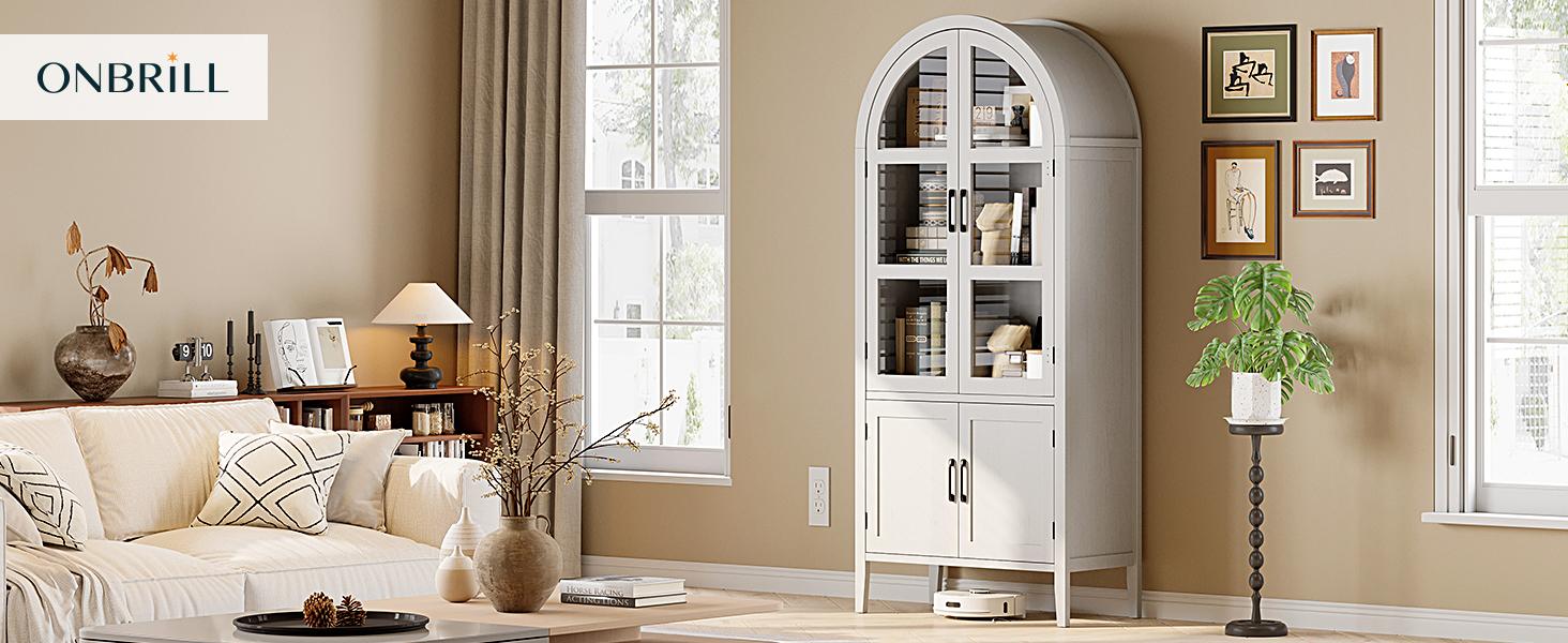 【SPRING GLOW UP】ONBRILL 71''Tall Arched Storage Display Cabinet, 5-Tier Kitchen Pantry With Glass Doors & Shelves