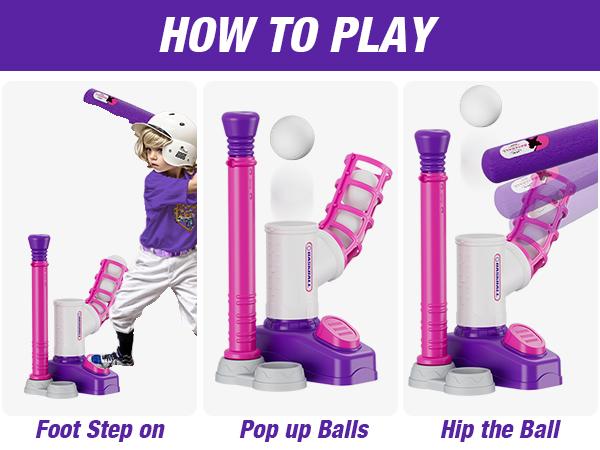 T-ball Set for Toddlers 3-5 Tee Ball Set with Step on Pitching Machine Adjustable Batting Tee Retractable Baseball Bat 8 Pop Up Balls Outdoor Sport Toy Games for Kids Girls