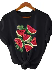American Sweetheart Women's Watermelon Print T-shirt Summer Essential 100% Cotton Round Neck Fit Top for Daily Commute Machine Washable Fabric Womenswear Everyday Tshirt Streetwear Casual Crewneck Fitted Shortsleeve