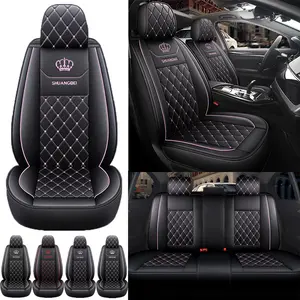 Upgraded Car Seat Covers with Crown Design - Black Leatherette with Pink Stitching - Full Set for Front & Rear Seats