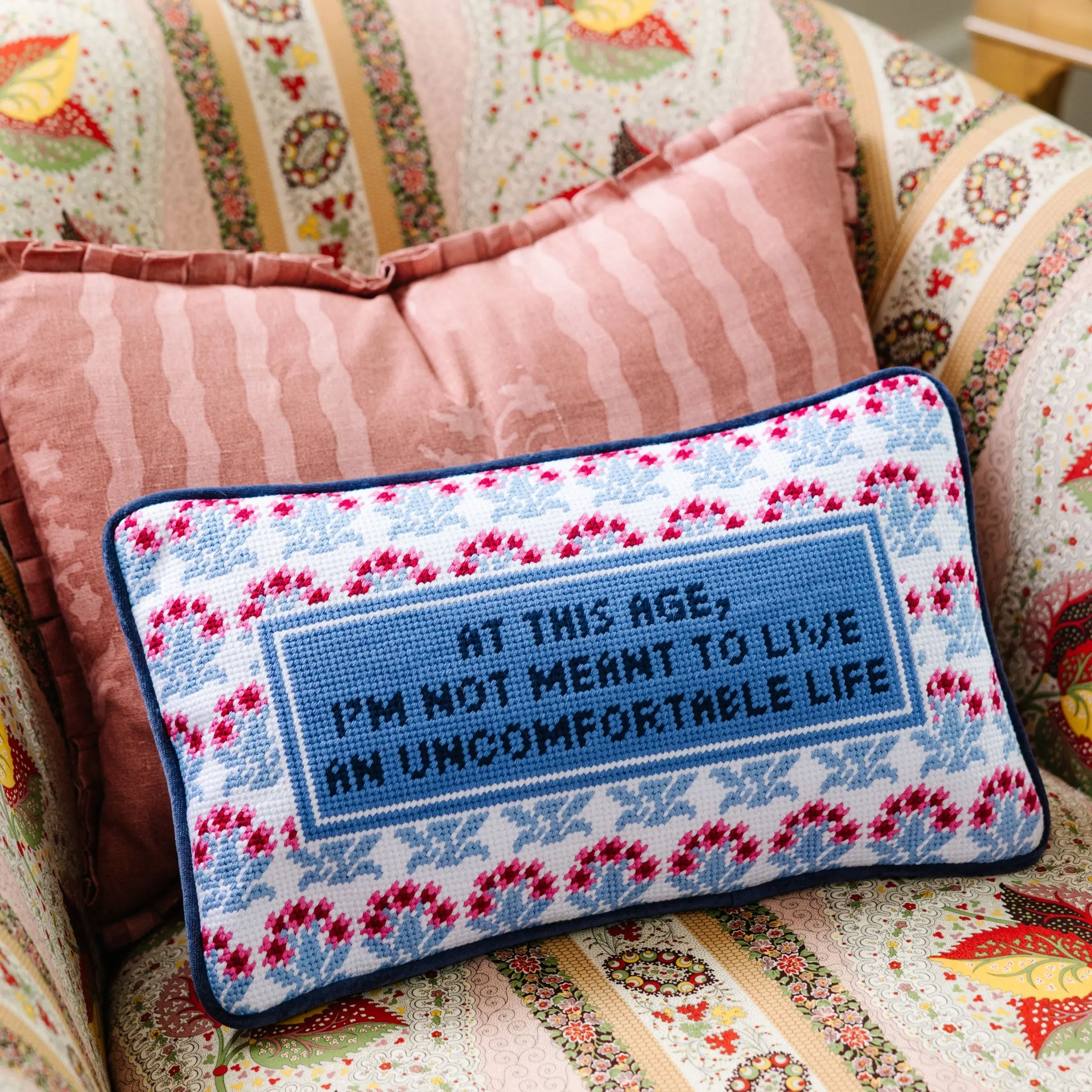 Needlepoint Embroidery Velvet Pillow - Playful Vibrant Print with Inspirational Statement, Southern Charm Room Decor for Living Room & Bedding Soft Furnishings