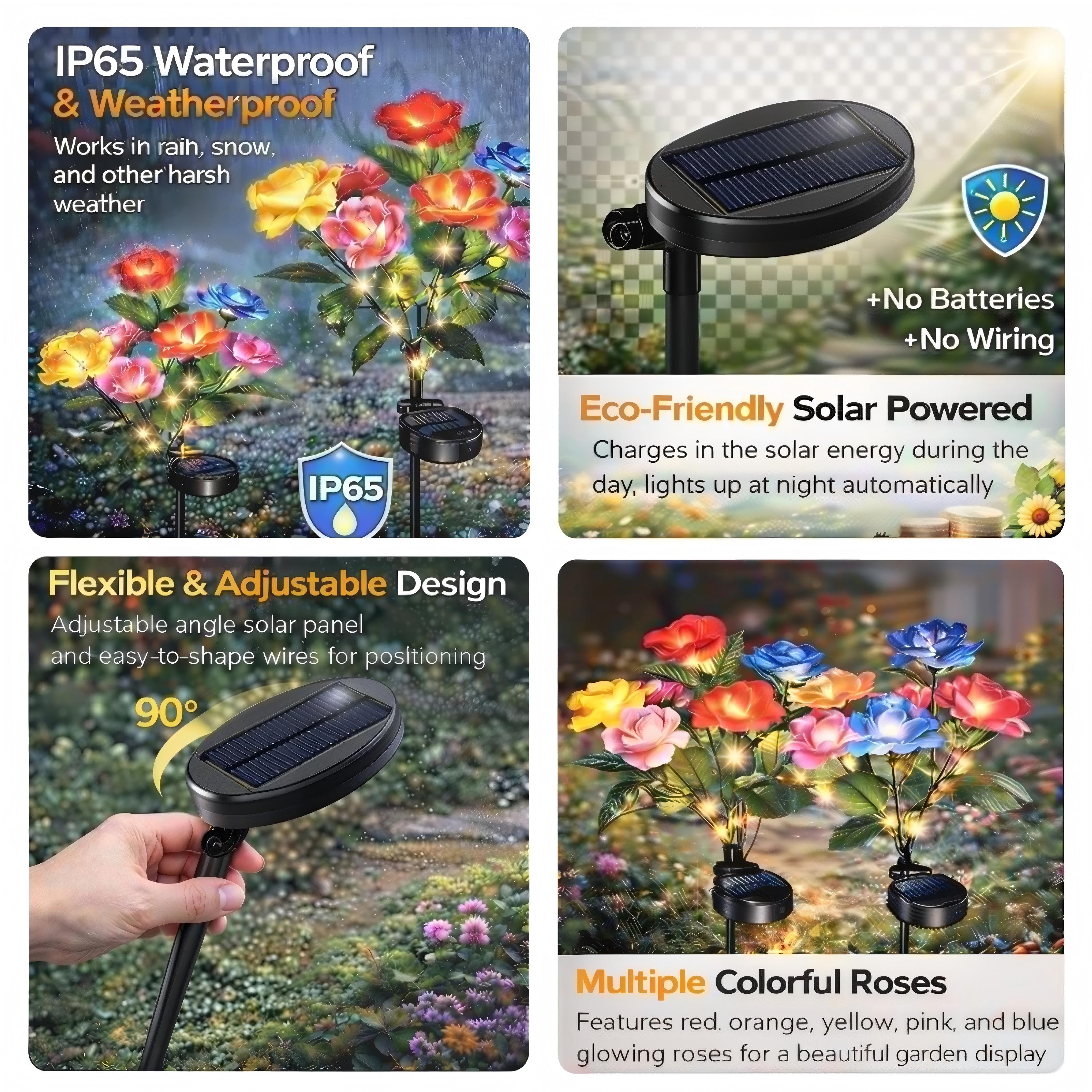 EVEDIOR 4pc Solar Simulated Garden Lights, seven-headed solar roses, a gift for mom, upgraded solar panels for Independence Day outdoor decorative lights, IP65 dustproof and waterproof, the preferred worry-free garden decorative lights.