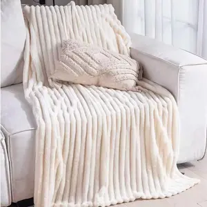 Flannel Faux Rabbit Fur Striped Blanket, Ultra-Soft Plush Cozy Throw Blanket for Sofa, Bed & Recliner, Warm & Shed-Resistant, Perfect for Spring Home & Bedroom Use, Ideal Holiday Gift