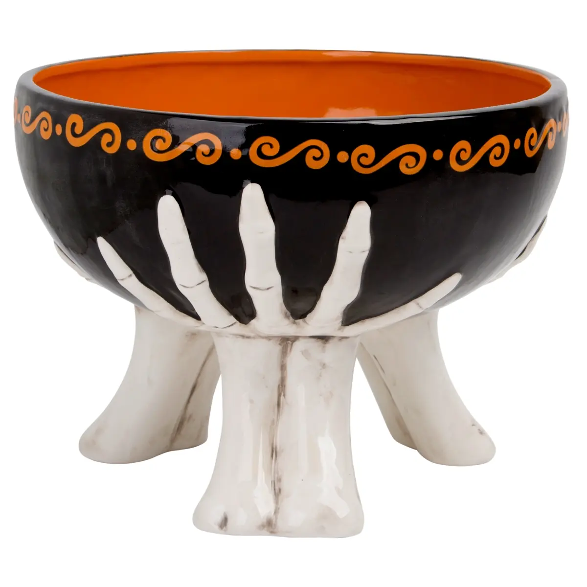 Home Essentials & Beyond 44503 Glossy Black Finish Ceramic Bowl - 9.25"d, Eerie Skeleton Hands Detailed Base, Unisex Orange Interior, Halloween Entertaining Tableware Decorations