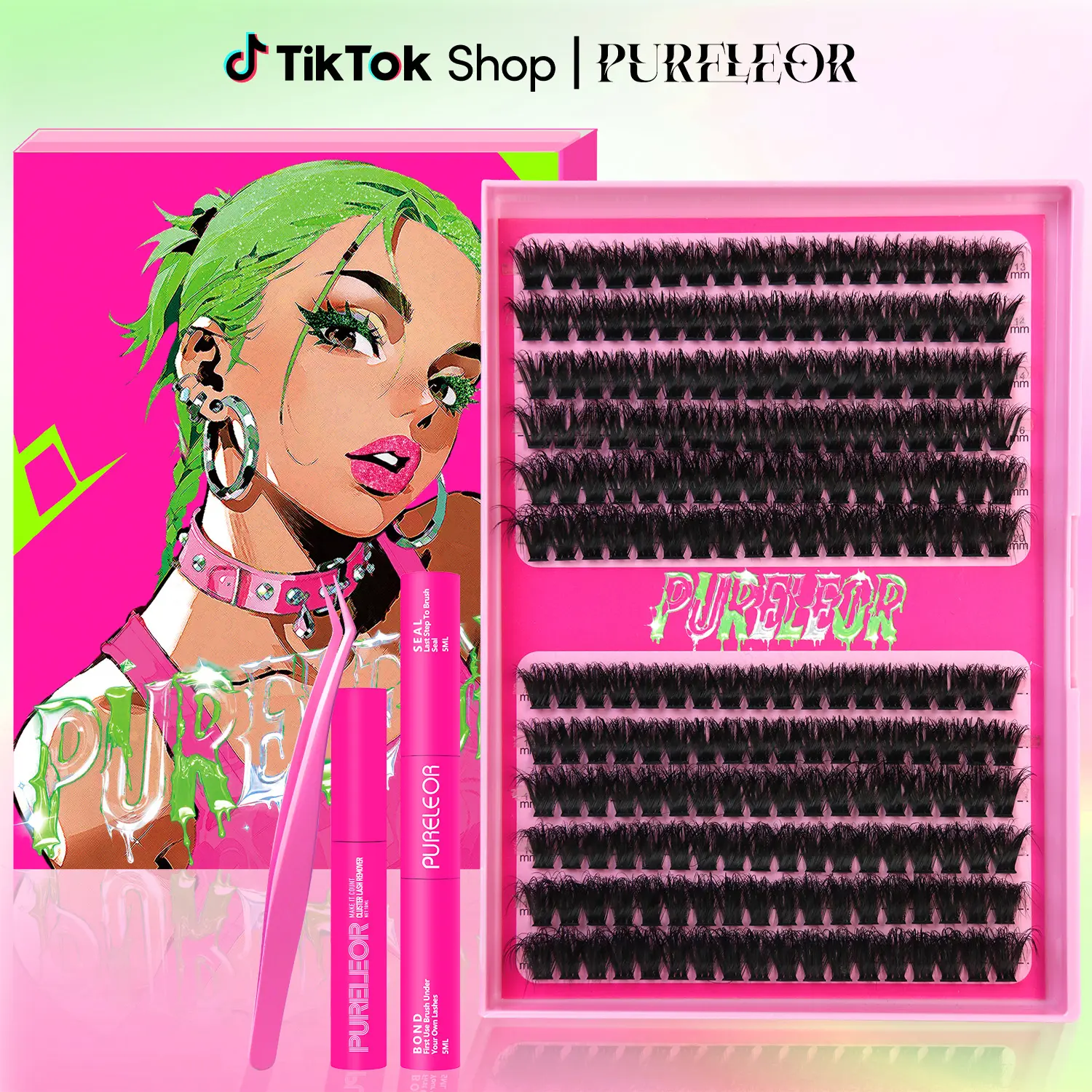 PURELEOR Lash Clusters Fluffy- D Curl 13-14-18-20mm Lashes Beginner-Friendly DIY with Bond&Remover and Applicator 216 pcs Individual Eyelashes Extension