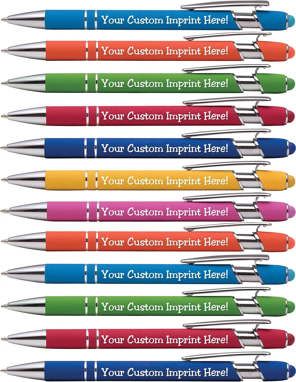 ExpressDesigns™ - Premium Custom Pens with Stylus | Burst of Color | Personalized Soft Touch Metal Printed Name Pens w/Black Ink - Imprinted w/Logo or Message - 12 pcs/pack (Assorted)
