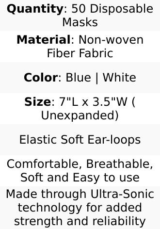 50 Pack Disposable Face Mask Non Woven Mask with Ear Loop 3 Ply