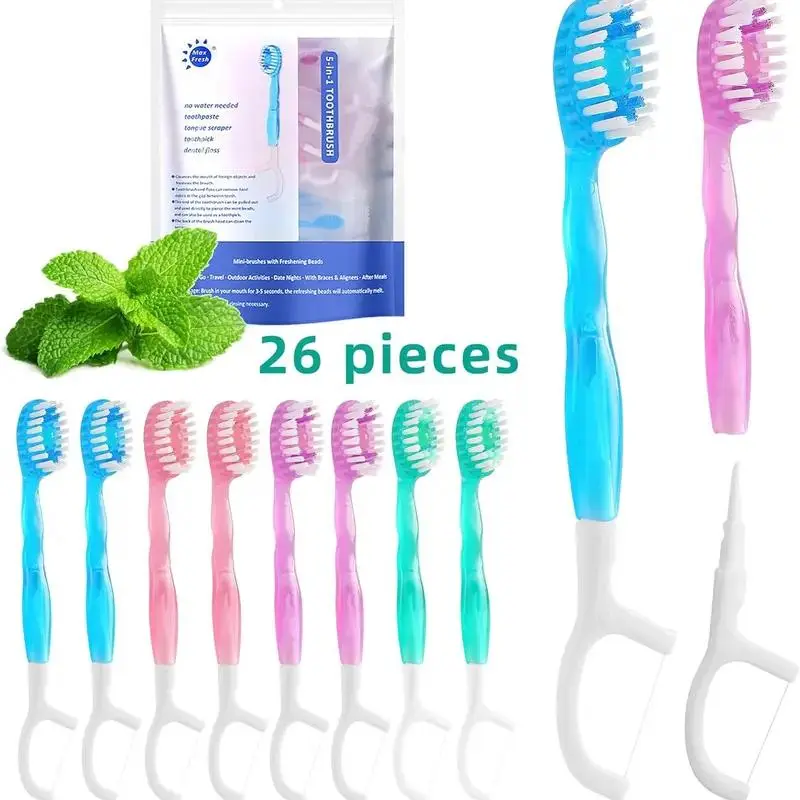 【Use It Myself】 5-in-1 Mini Toothbrush Set – Disposable Toothbrush with Floss, Tongue Scraper, 26/52pcs - PackToothpick & Toothpaste. Individually Wrapped Oral Care Kit for Fresh Breath, Travel, Work, Dating & Business Trips, Portable & Compact