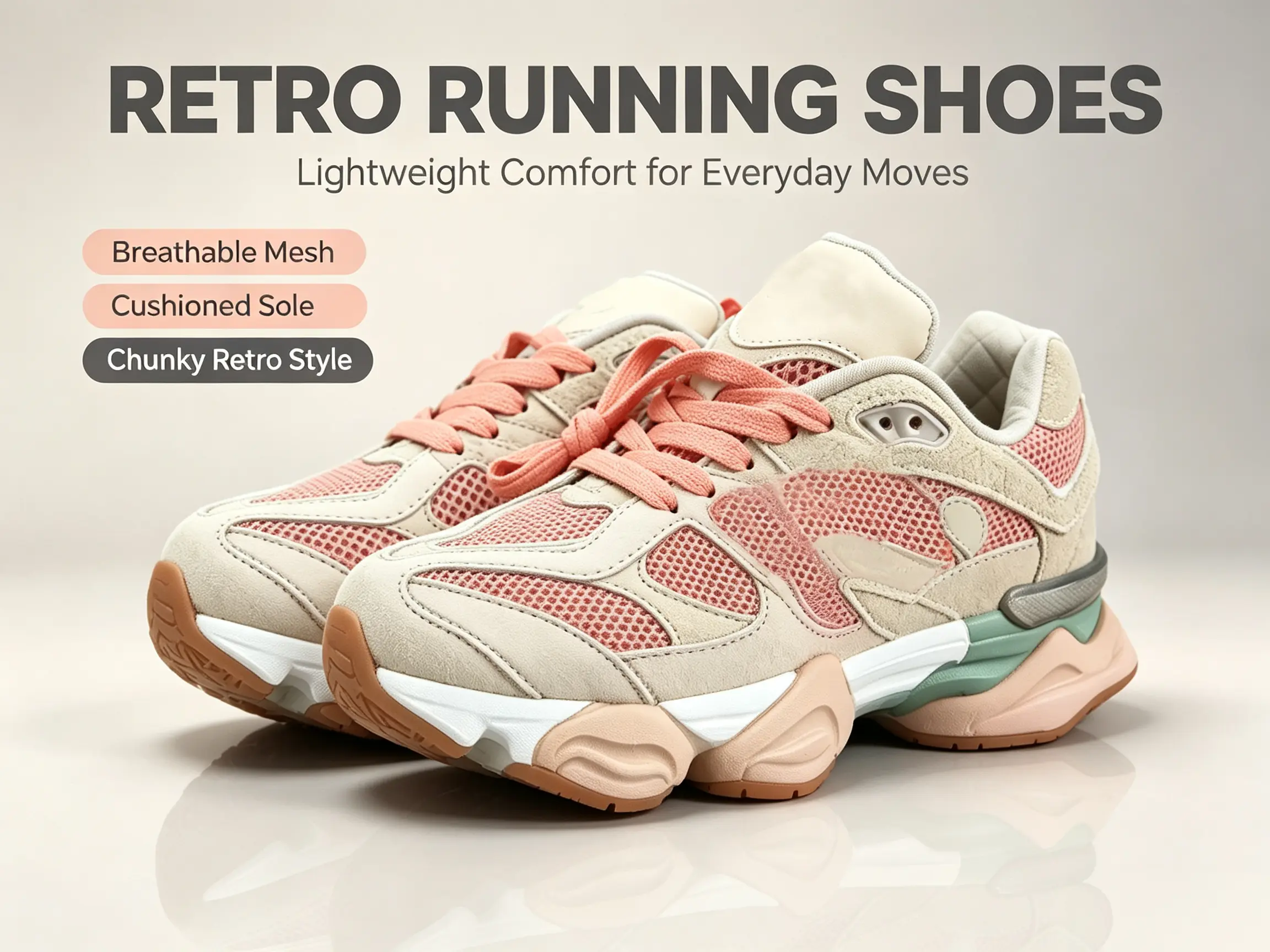 Women's Sporty Chic Casual Lace-up Running Shoes, Vintage Chunky Dad Sneakers (Beige & Pink) with Breathable Mesh, Green Midsole, Padded Tongue, Mixed-Material, Skin-Friendly Rubber Upper