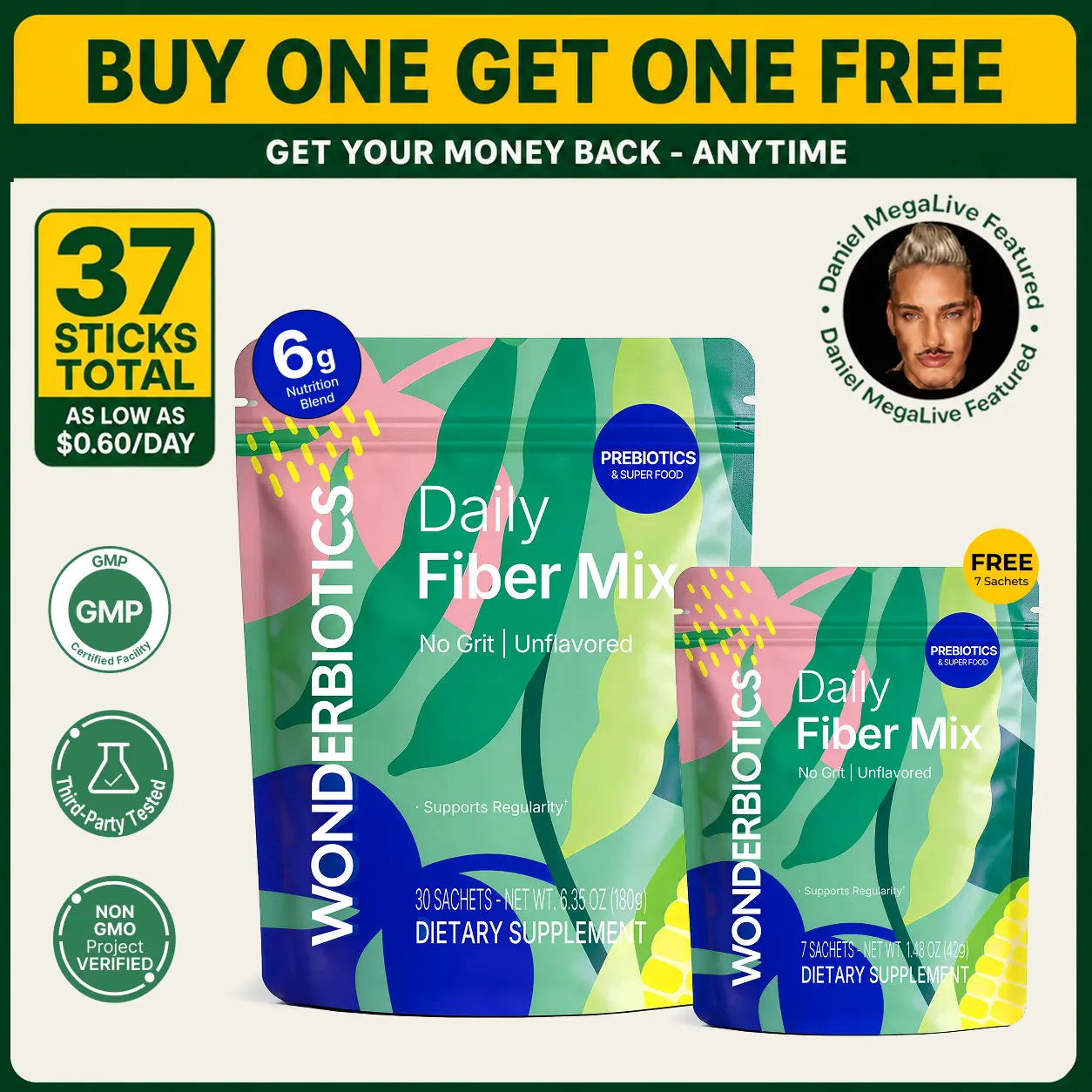 Daily Fiber Supplement Powder Packets - BUY ONE GET ONE FREE - 5 Diverse Fibers with Prebiotics, Superfood Blend for Digestion, Psyllium Husk, PHGG, Drink Mix for Women & Men, Low FODMAP, Sugar Free Healthcare