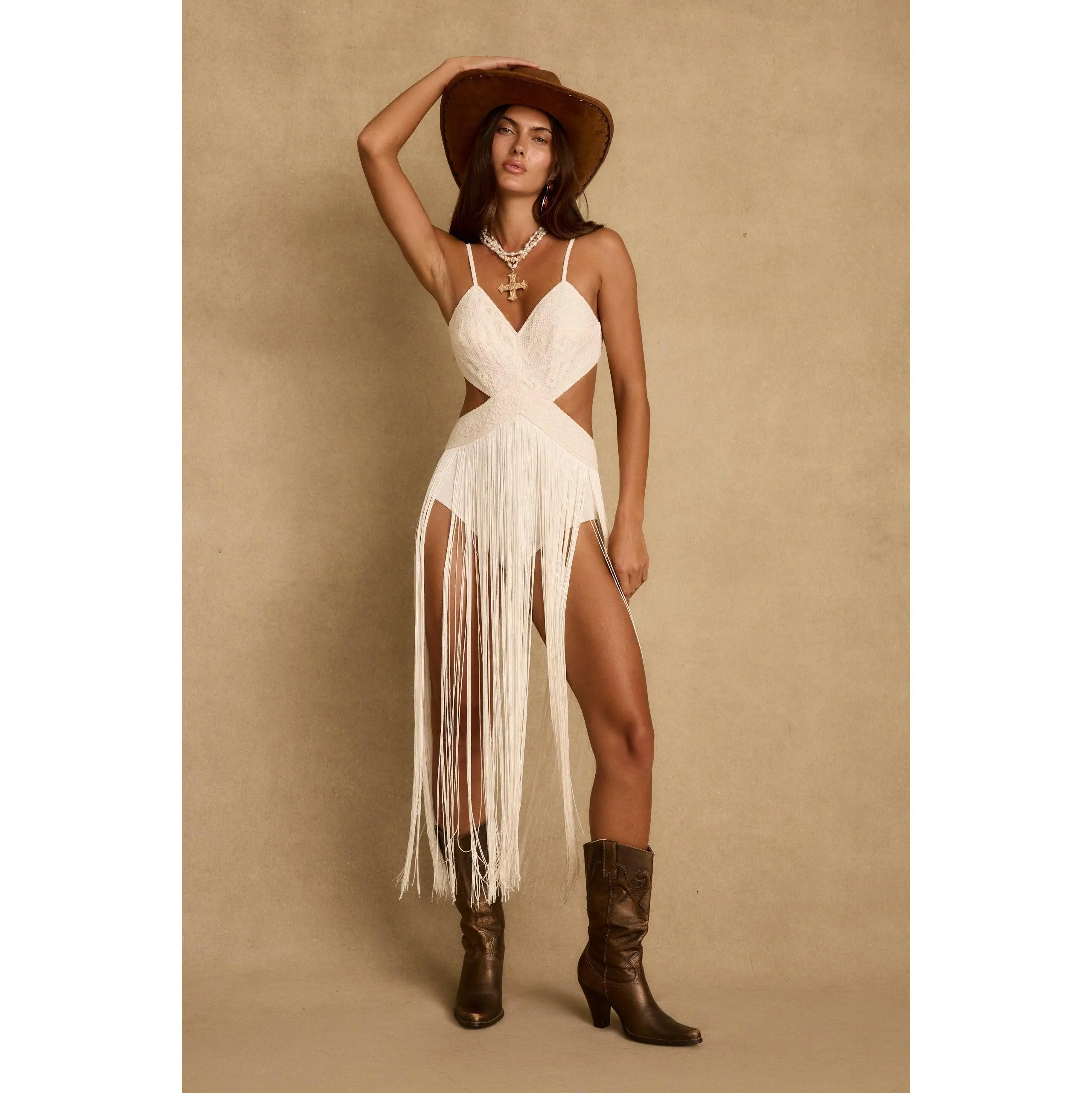 Wisteria Embroidered Ivory Fringe Bodysuit