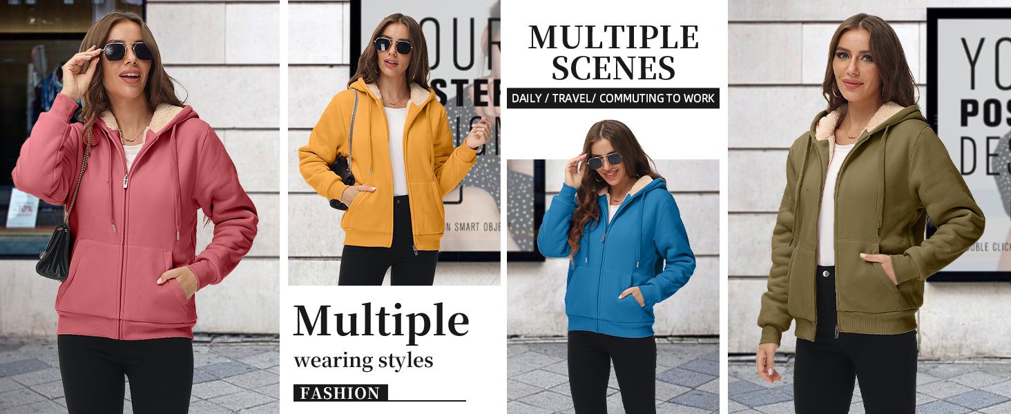 ZITY  Hoodies for Women Winter Fleece Sweatshirt - Full Zip Up Thick Sherpa Lined Hooded Jacket