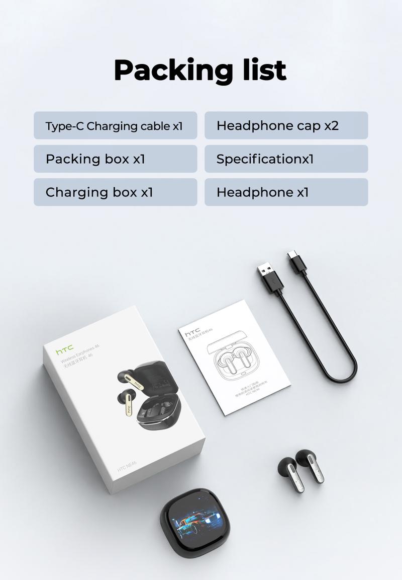 HTC Earbuds Wireless Earbuds, Bluetooth 6.0 Earphones, Heart Rate Monitoring Earbuds, Sports Headphones With Microphones, LED Display High Fidelity, Suitable for Office, Sports, Study and Audio Calls, Active Noise Cancellation