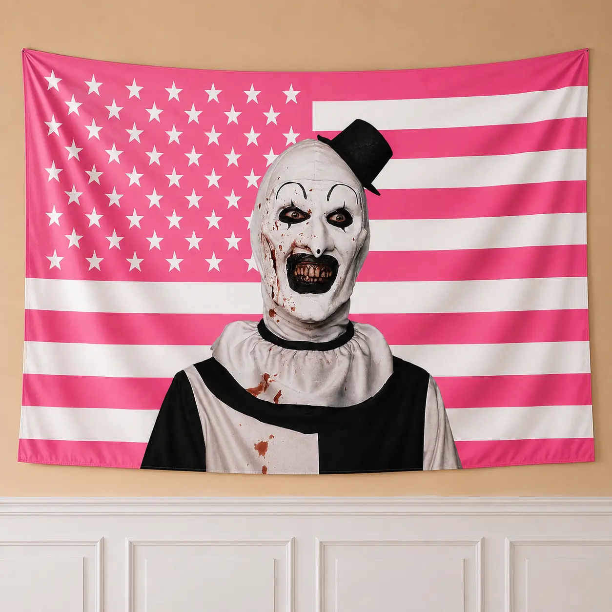 Scary Pink American Flag Clown Tapestry - Lightweight Gothic Horror Wall Hanging, Dark Aesthetic Bedroom Decor, Halloween Backdrop, Creepy Room Art Gift, Photo, Wall Decor