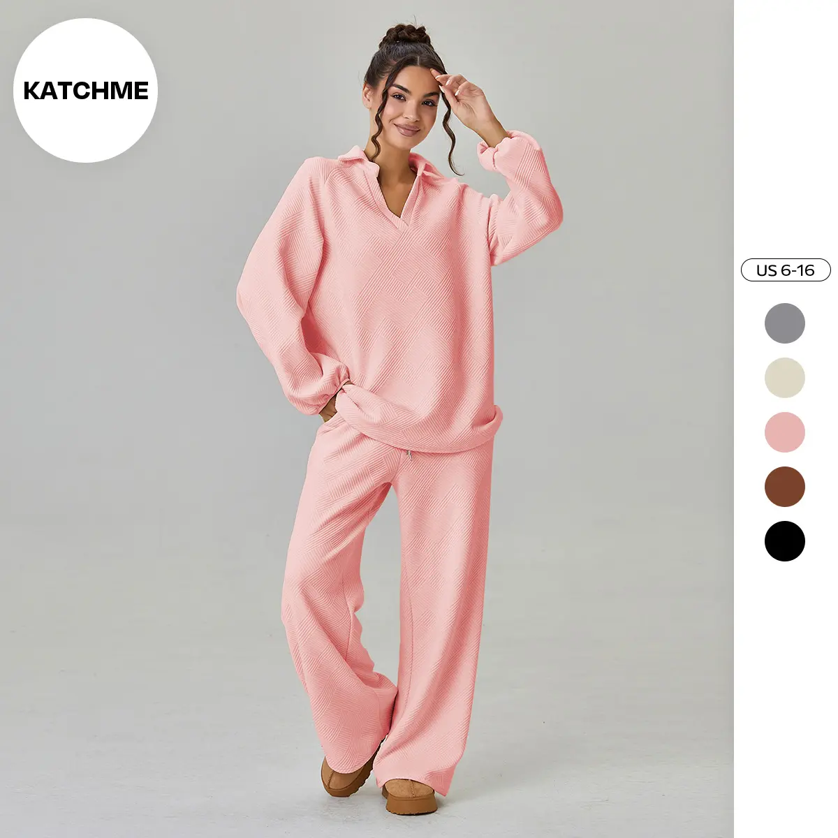 KatchMe Women's Soft Solid Color V-Neck Loose Textured Pullover & Drawstring Waist Trousers Co-ord Set & Separates, Versatile Outfits Daily Wear