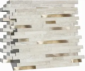 Peel and Stick Backsplash for Kitchen, Self-Adhesive Metal Gold Beige Marble Subway Tiles Decorate Kitchens Bathrooms Laundry Fireplaces, 10-Sheets