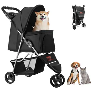【FathersDayGift】VEVOR Pet Stroller,  35 lbs Weight Capacity, Foldable Dog Stroller Cart, 3 Wheels Cats Stroller with Mesh Windows and Cup Holders, Portable Pet Carrier Stroller with Brake, for Small to Medium Pets
