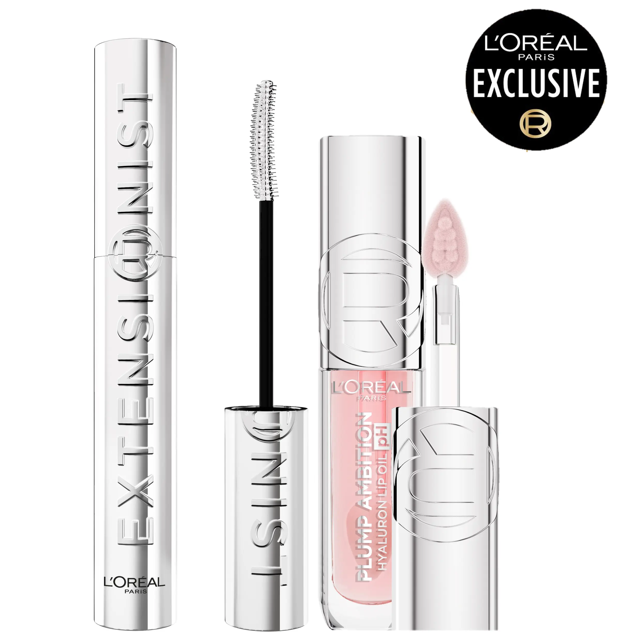 Extensionist Mascara & Plump Ambition pH Hyaluron Lip Oil Duo, L'oreal Paris