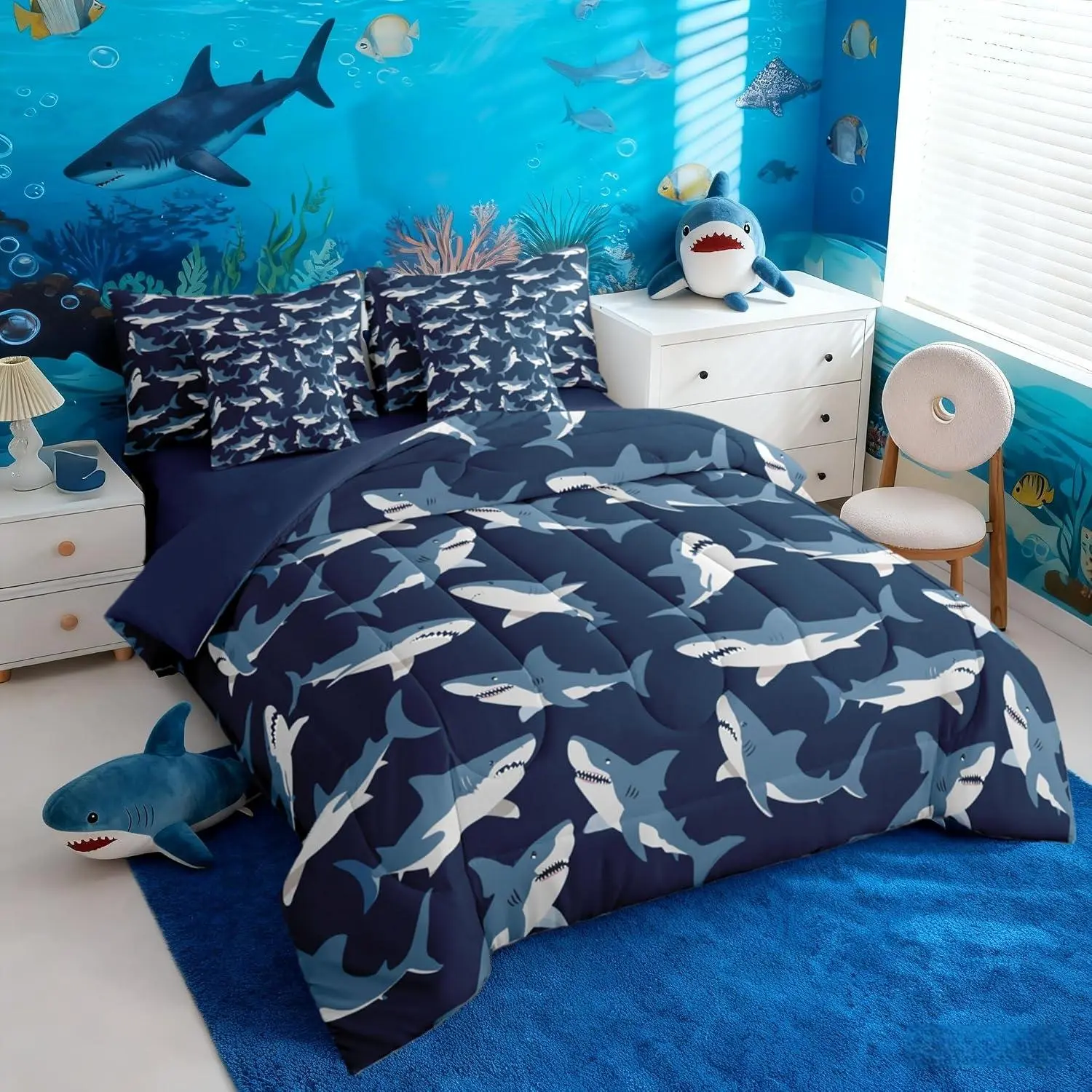 Ocean Shark Bedding Comforter Set with Sheets 7 Piece,Cartoon Sea Animal Bed in A Bag Men,Marine Life Navy Blue Bed Set Underwater World Room Decor