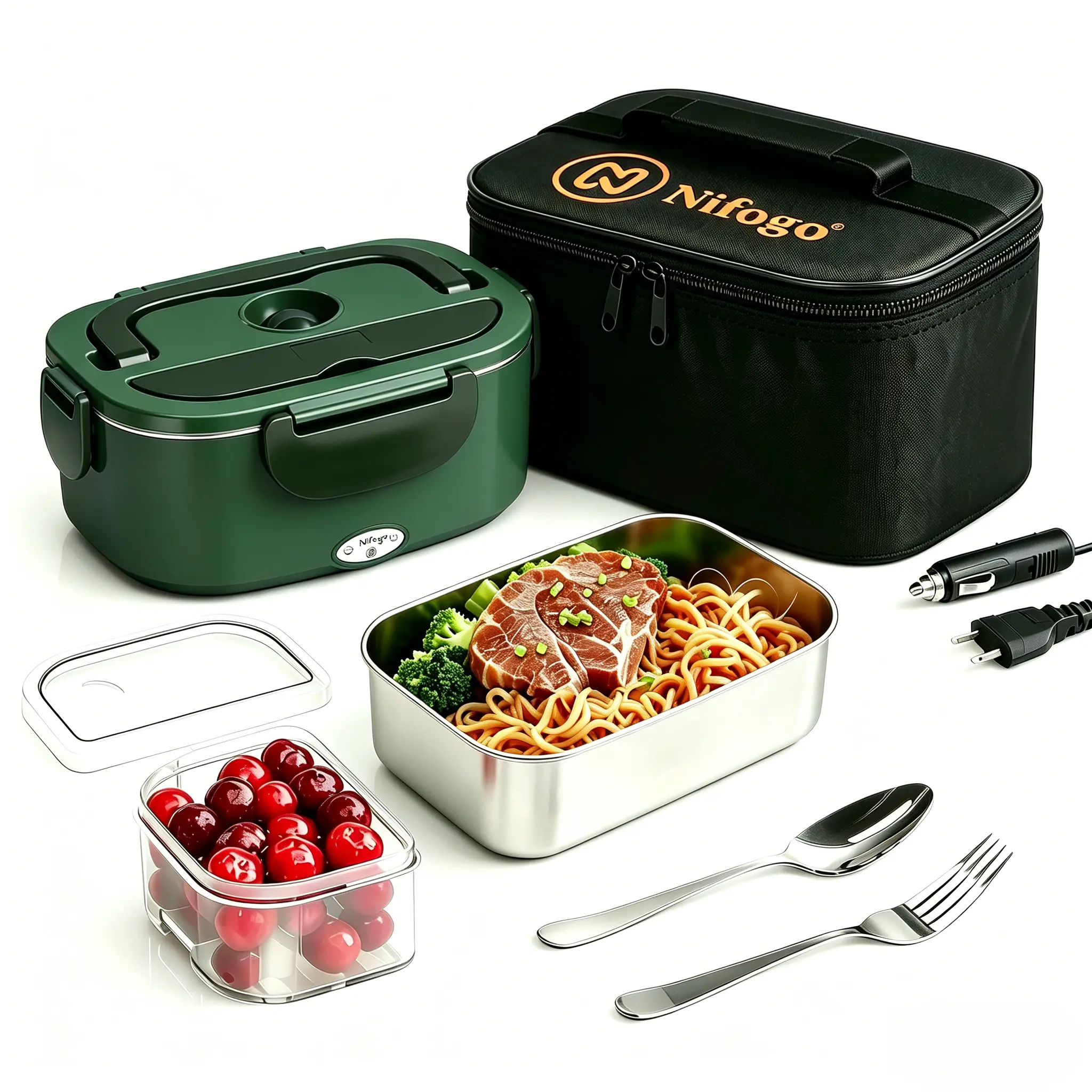 100W Power Electric Food Heater Classic Lunch Box, 1.8L 3-in-1 Quick-Heated Tableware for Adults, Non-Battery-Powered Portable Warmer with Fork, Spoon, Insulated Carry Bag, Containers for Lunch at Work/Car, Classic Lunch Boxes