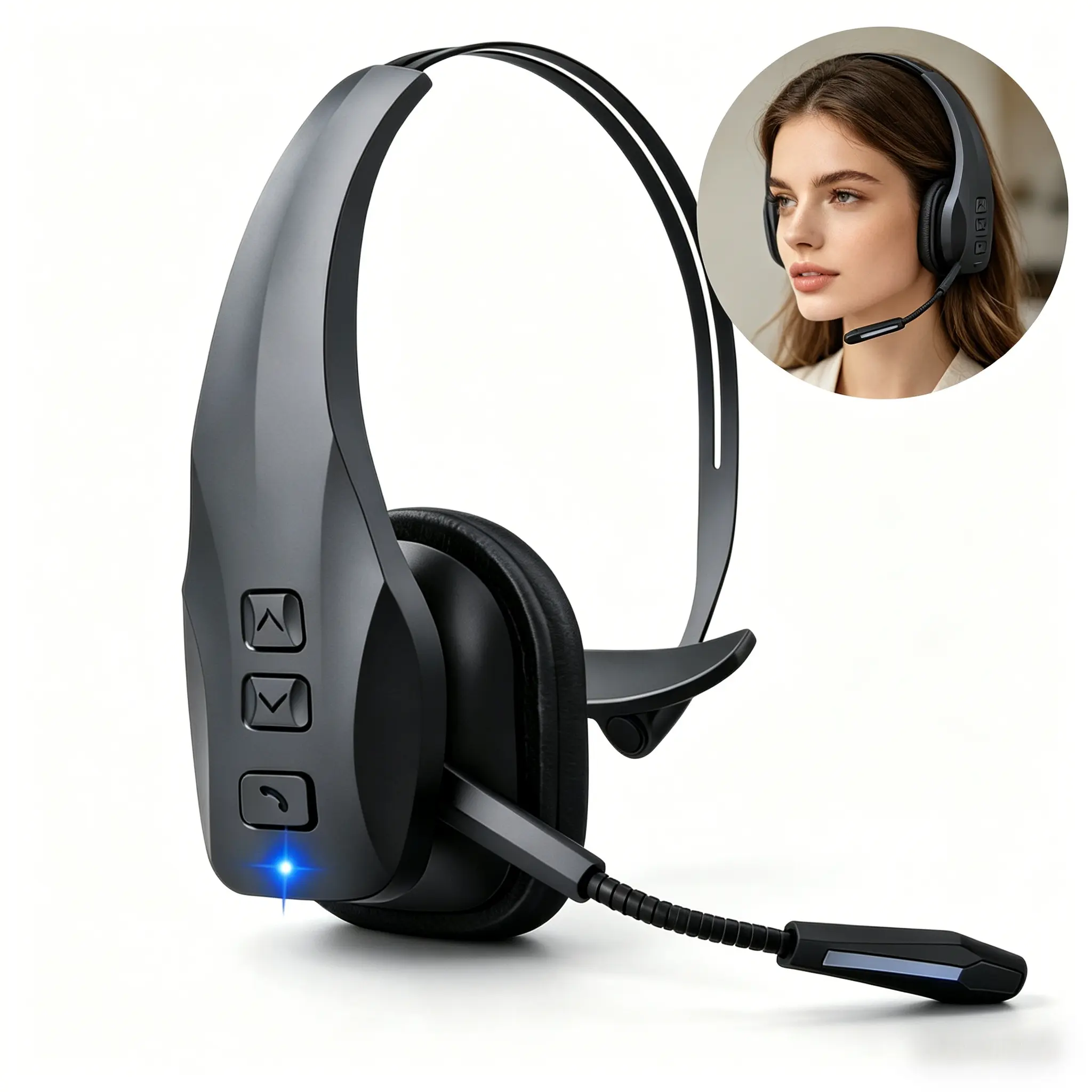 DH15 Over-Ear Wireless Trucker Bluetooth Headset with Mic - Wireless Headset, Dual Noise Cut, Mute Button, 55Hrs Battery Life, Adjustable Audio, 45kHz, Cable Management, Lightweight Eases Long Wear, Hospitality Use, Mobile&PC Compatible