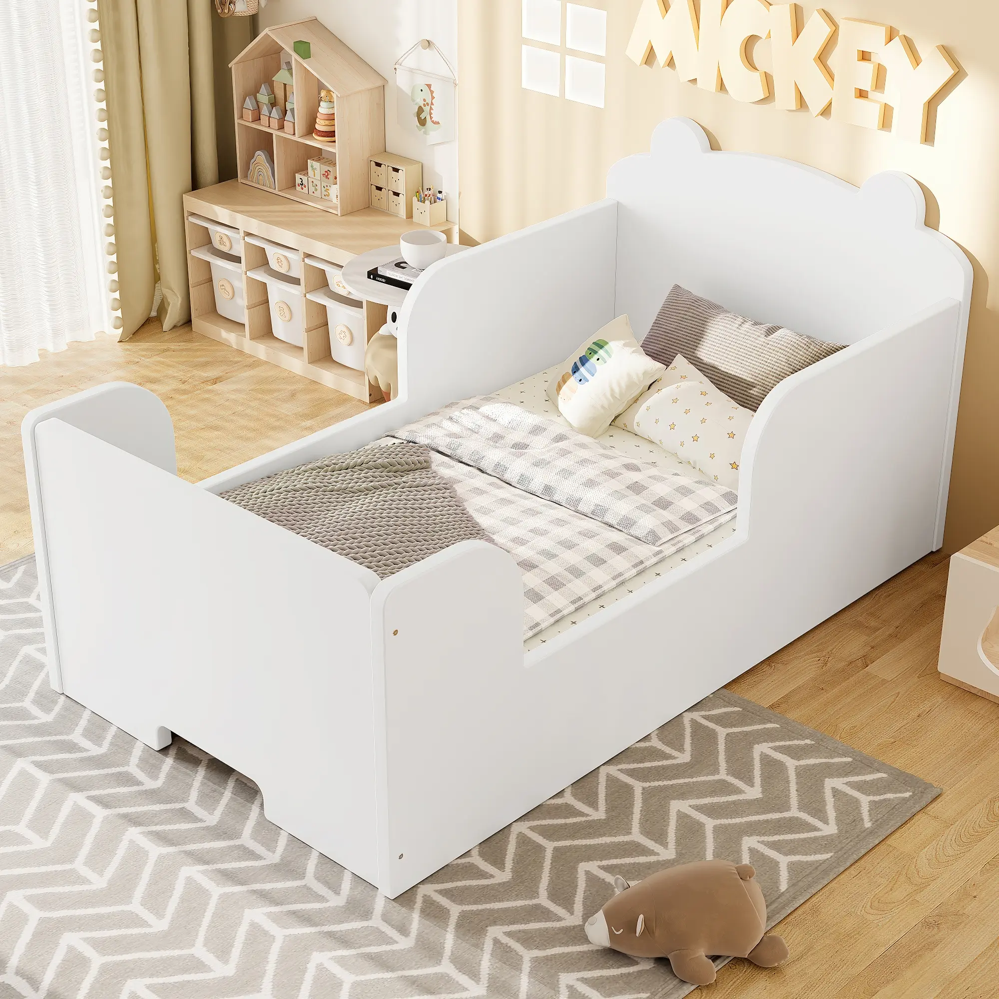 Bellemave Bear-Shape Low Profile Floor Bed Frame, High-Quality Pine Wood Solid Structure, White + MDF + Pine + Plywood, Rounded Corners, 54.45x30.31x26.77in, 80.47Lbs, Safety & Comfort Focus, Easy Assembly, No Fire Safety Label