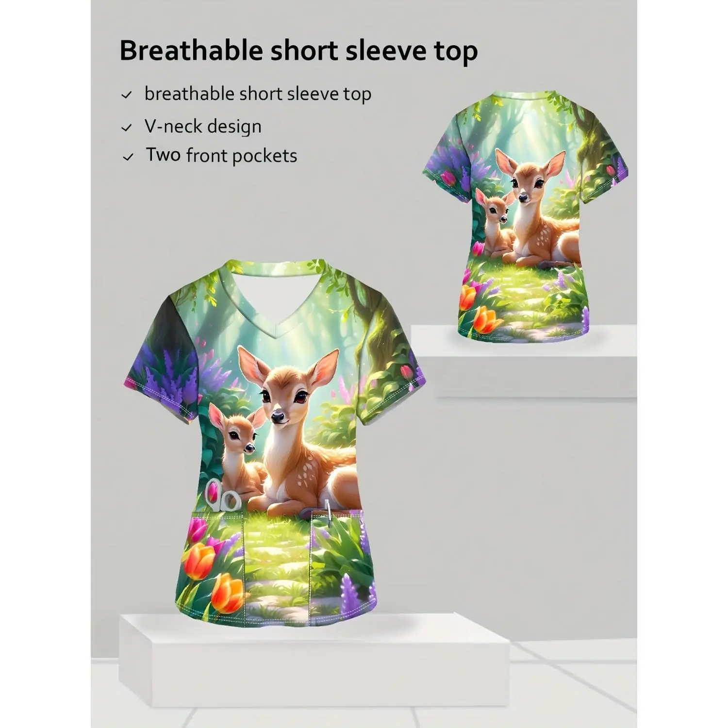 Women's Floral Deer Print V-Neck Short Sleeve Top - Breathable Stretchy Casual Shirt with Pockets, Machine Washable All-Season Comfort for Nursing & Casual Wear, Vibrant Stretchy Fabric