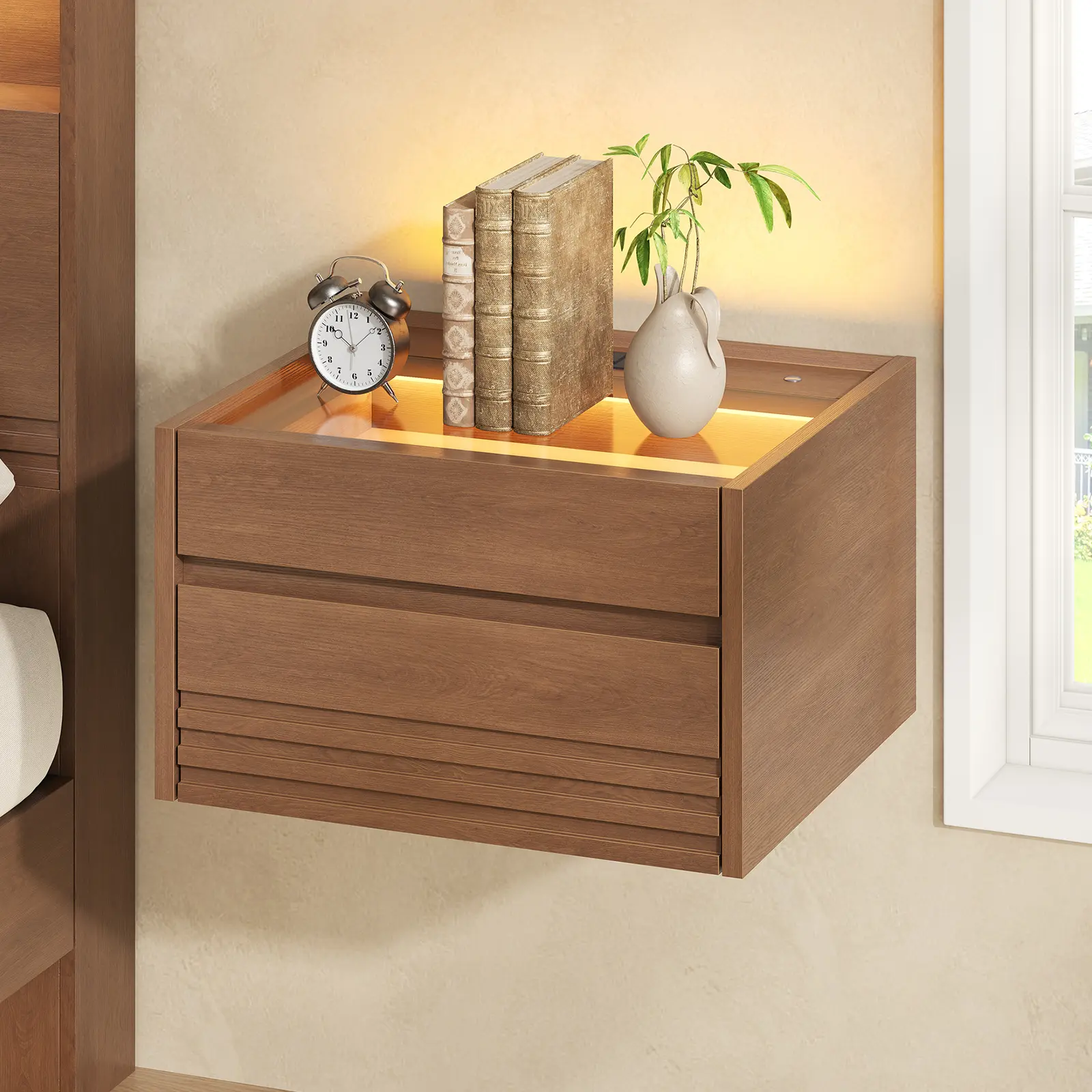 Sikaic Floating Glass Nightstand with Touch LED, 2 Drawers & Charging Station, Bedside Table with Clear Glass Top and Jewelry Storage Drawer for Bedroom, Living Room, Home Office, Walnut, Home Furniture, Dorm Essentials [tiktokshopbacktoschool]