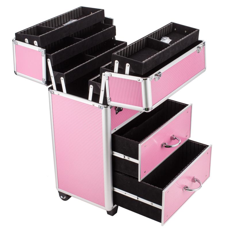 4 Tier Lockable Cosmetic Makeup Train Case with Extendable Trays Pink Aluminum Frame Travel Companion Secure Storage Stackable 6 Drawers Adjustable Handle